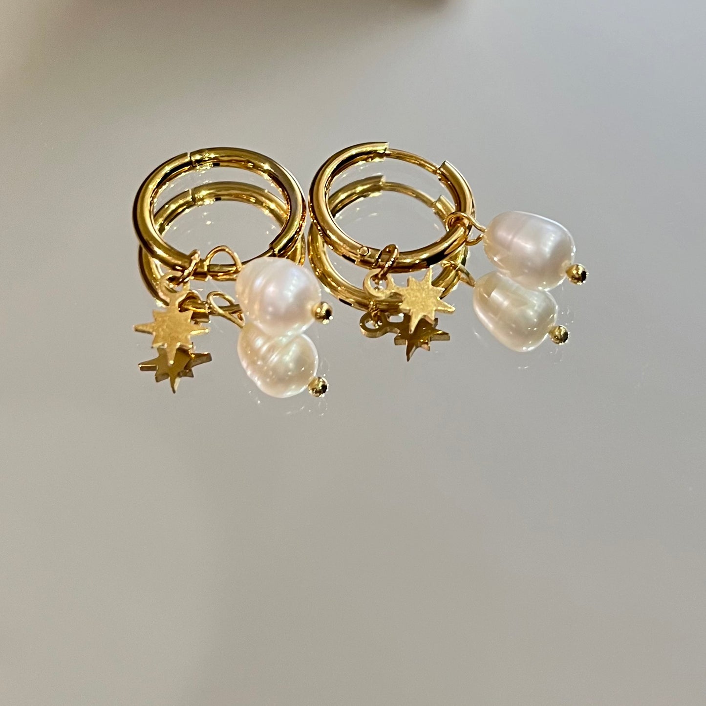 Gold plated huggie hoop pearl earrings