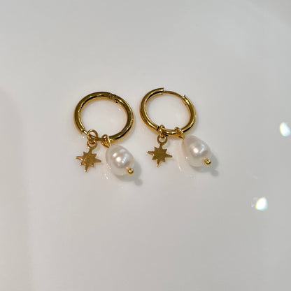 Gold plated huggie hoop pearl earrings