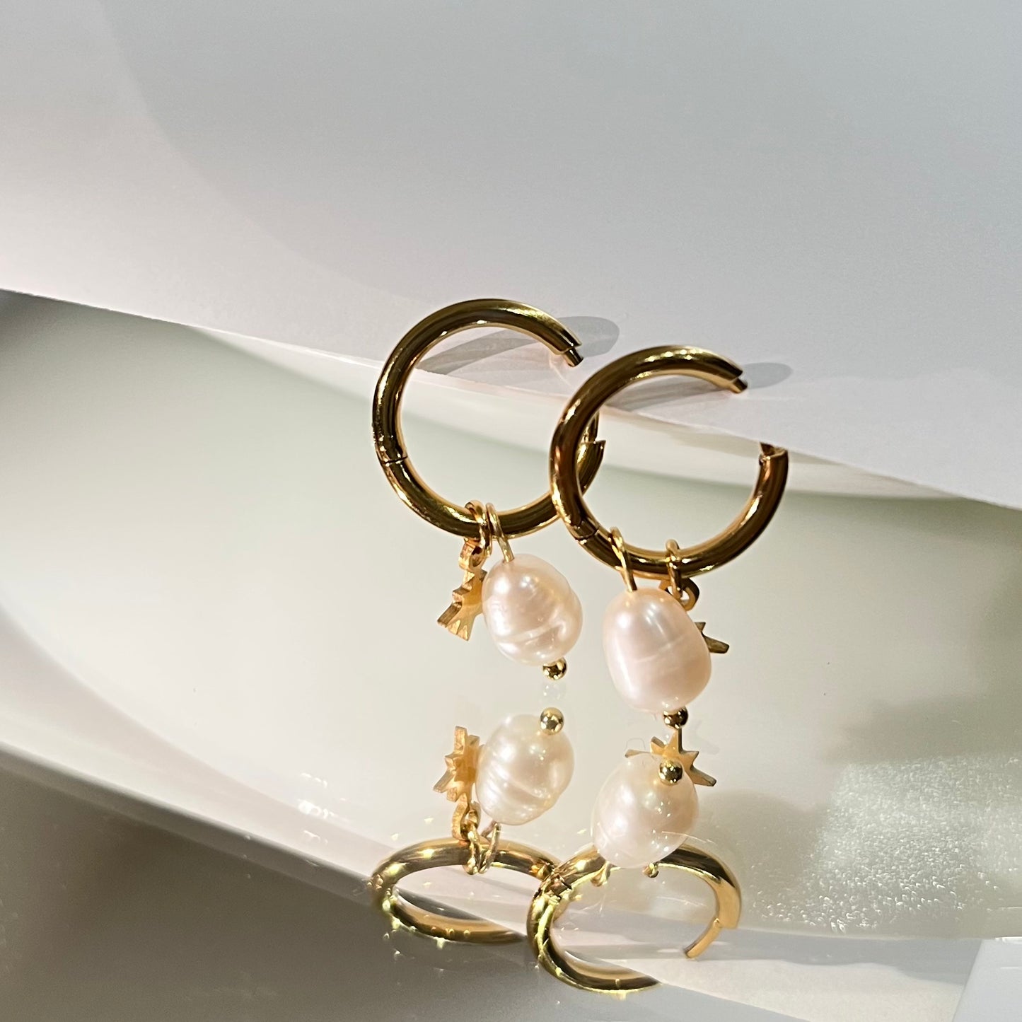 Gold plated huggie hoop pearl earrings